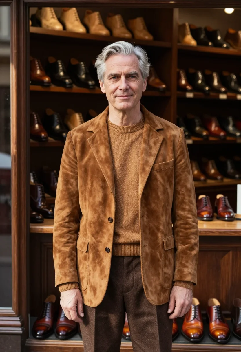 AI berluti venezia patina tobacco oxford men sample — portrait of a man, a French man in his late forties with fai