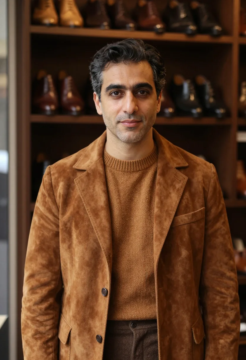 AI berluti venezia patina tobacco oxford men sample — portrait of a man, an Italian man in his early forties with