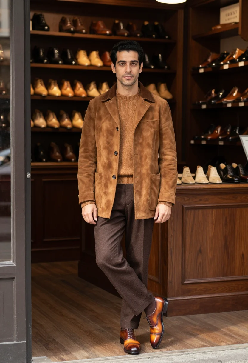 AI berluti venezia patina tobacco oxford men sample — portrait of a man, a Spanish man in his late twenties with t