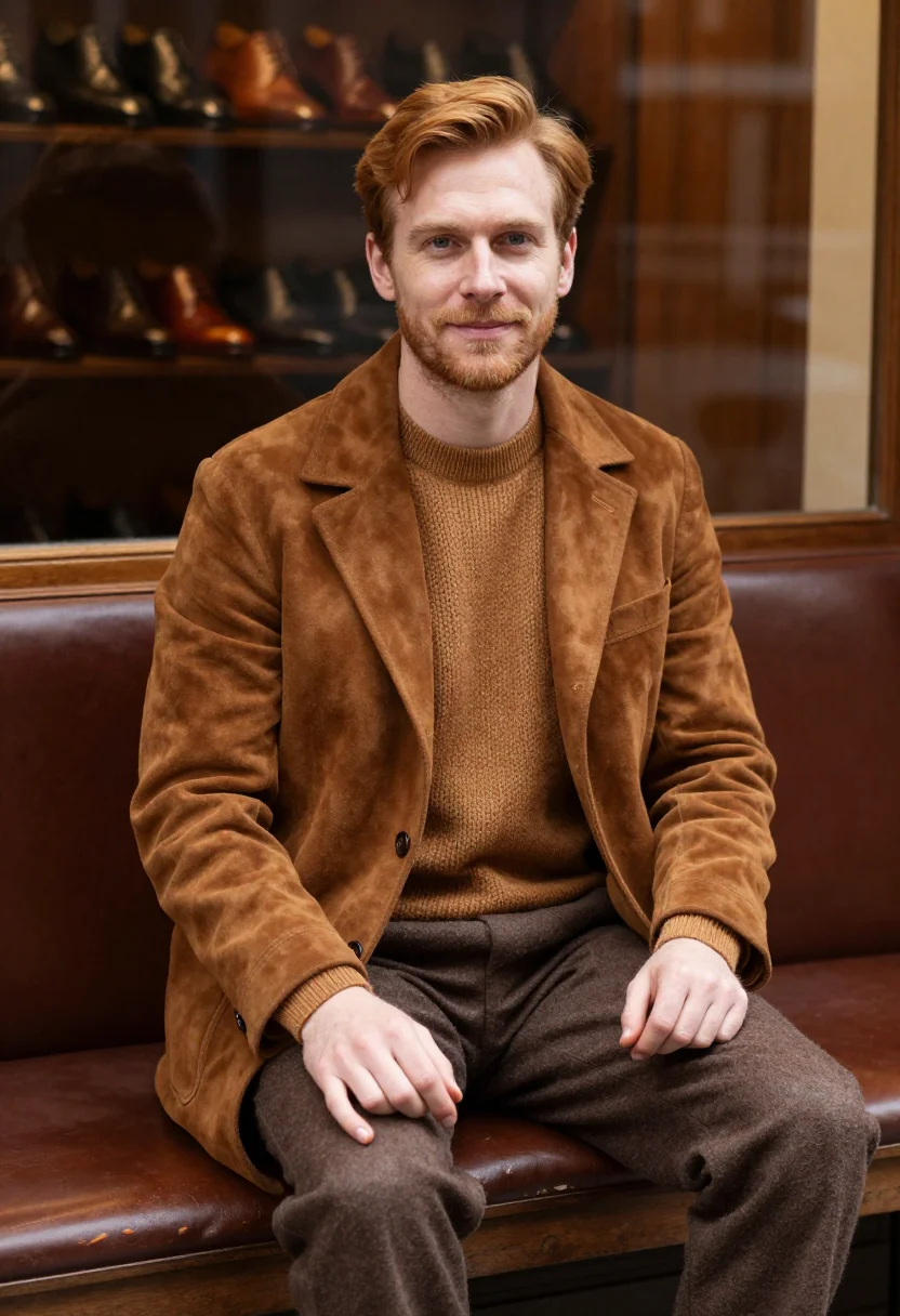 AI berluti venezia patina tobacco oxford men sample — portrait of a man, an English man in his late thirties with