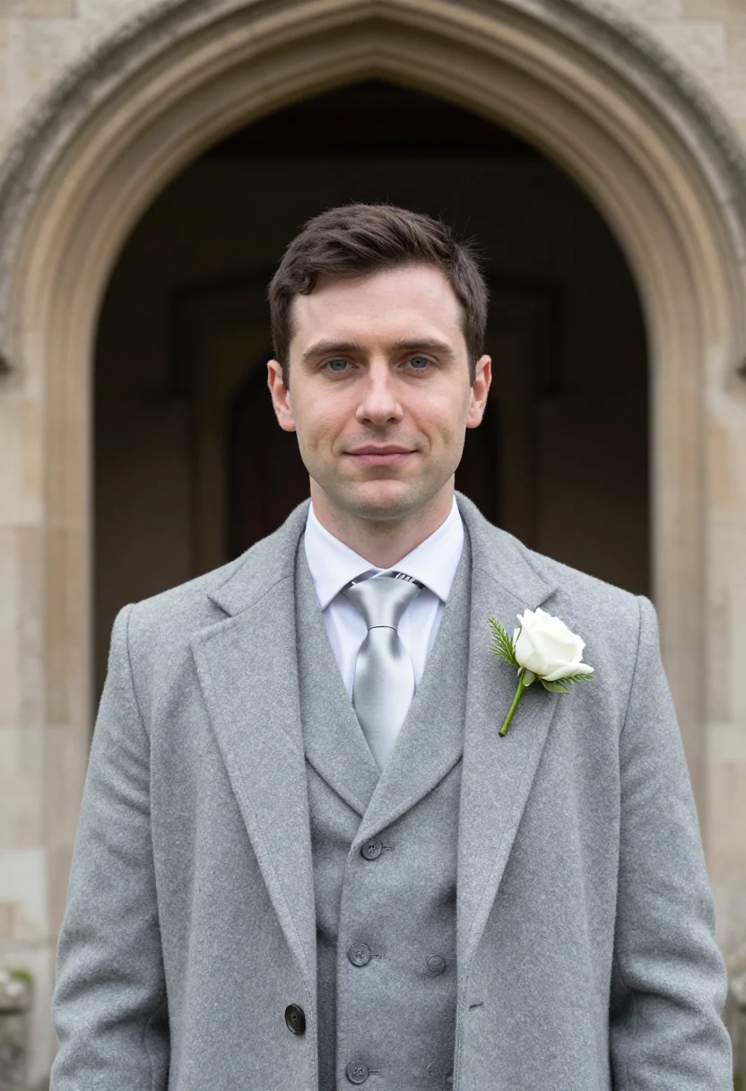AI best man spring morning suit dove grey sample — portrait of a man, framed tight, head and shoulders, the bod