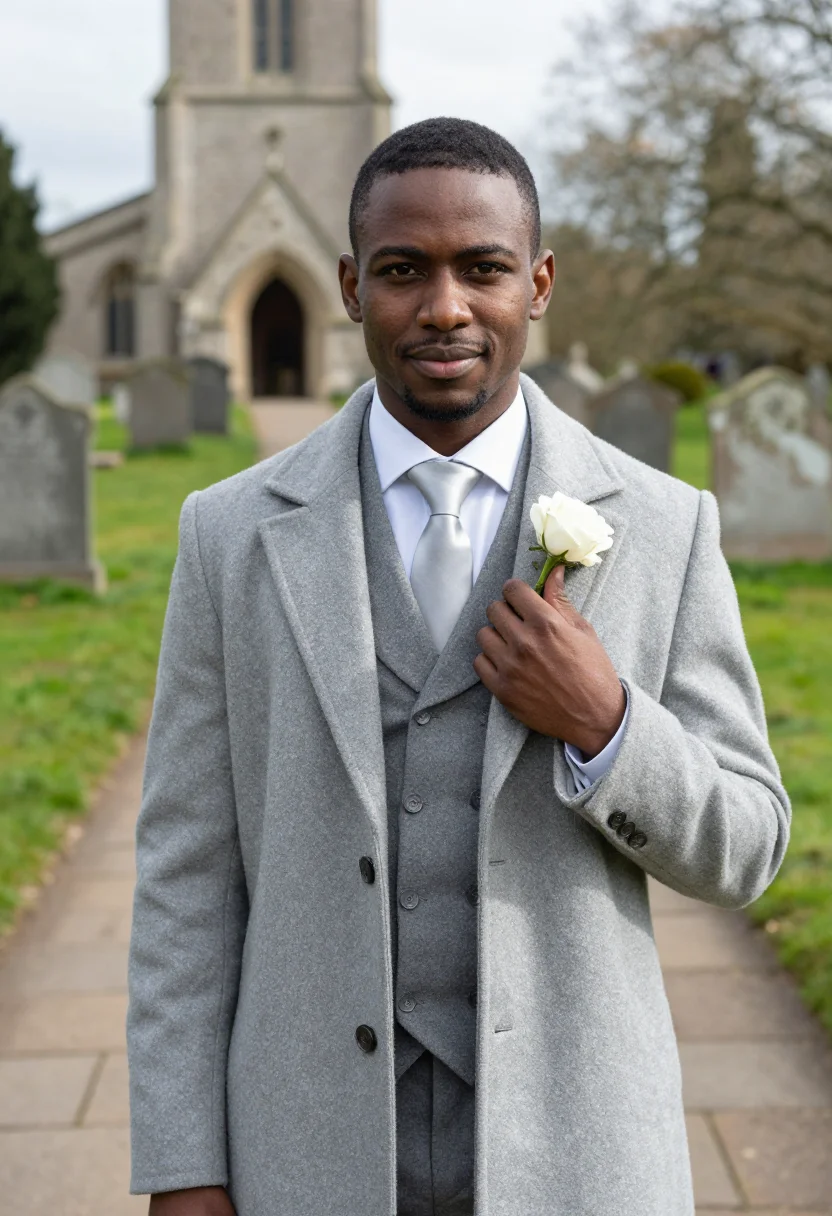 AI best man spring morning suit dove grey sample — portrait of a man, framed chest-up, cropped at the ribs, the