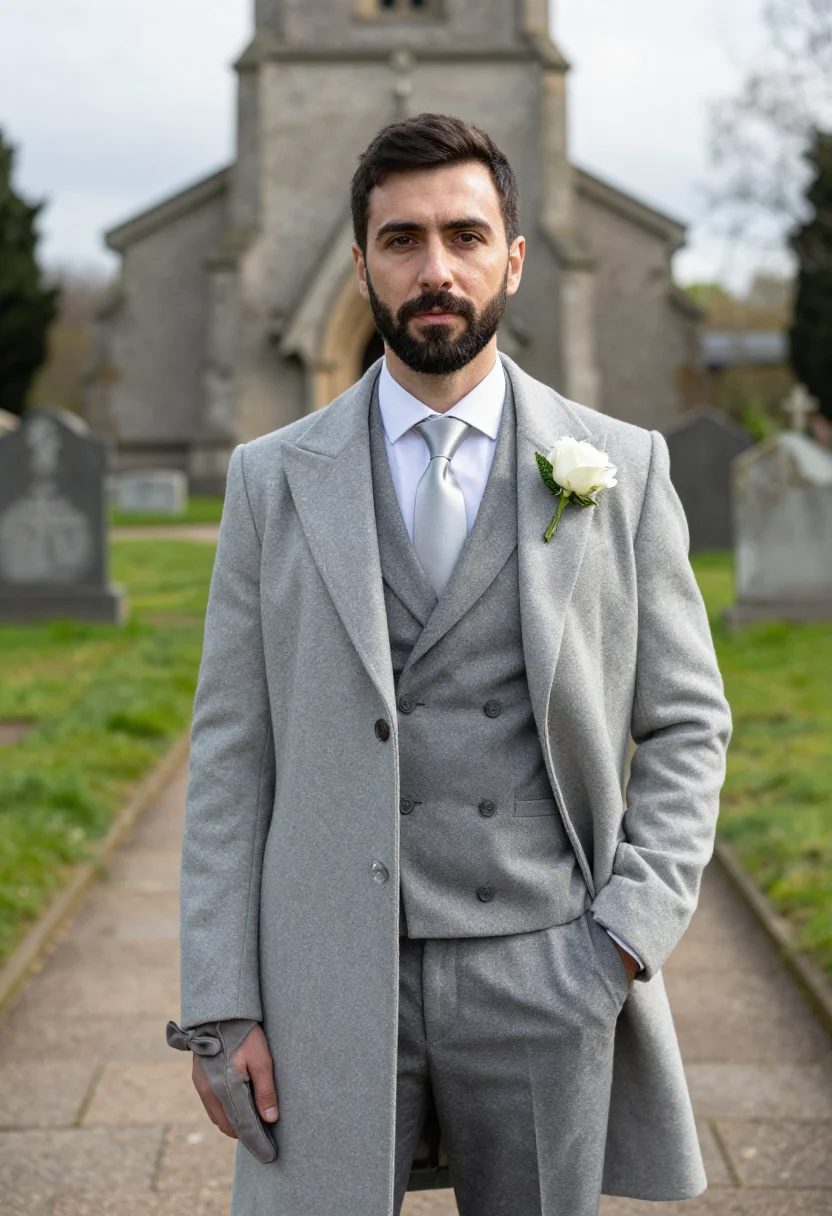 AI best man spring morning suit dove grey sample — portrait of a man, framed half-length from the head to the h