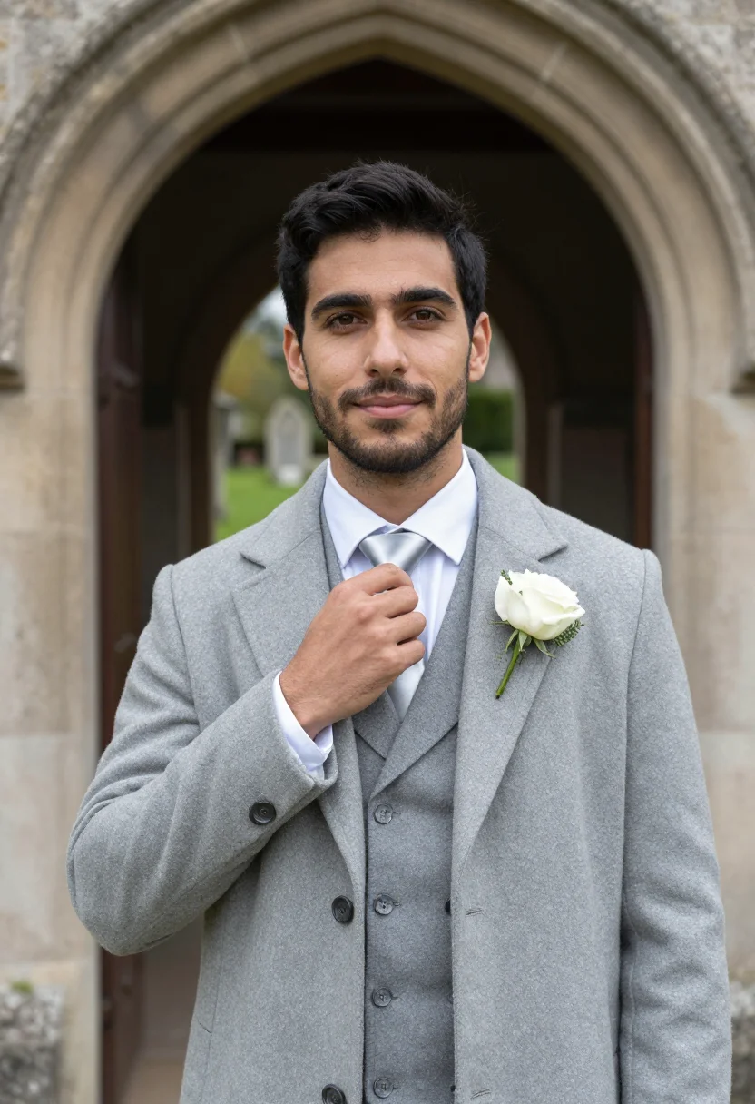 AI best man spring morning suit dove grey sample — portrait of a man, framed chest-up, cropped at the ribs, the