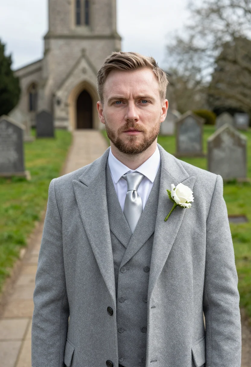AI best man spring morning suit dove grey sample — portrait of a man, framed tight, head and shoulders, the bod