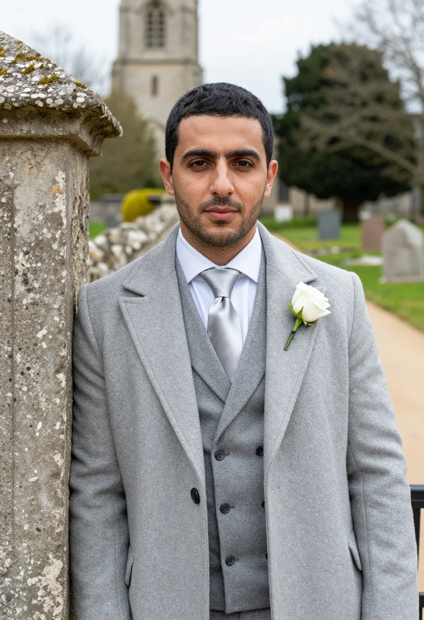 AI best man spring morning suit dove grey sample — portrait of a man, framed chest-up, cropped at the ribs, the