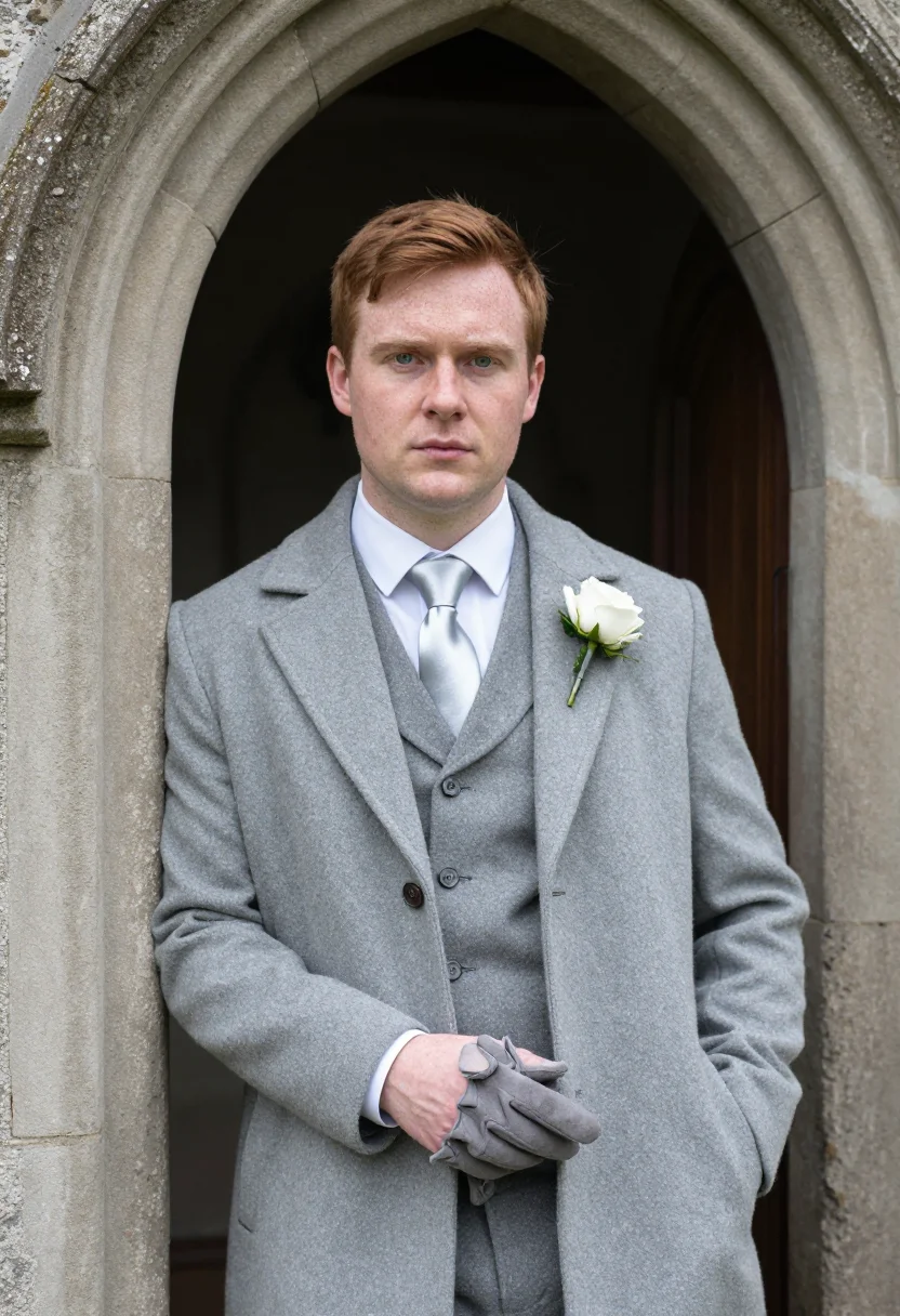 AI best man spring morning suit dove grey sample — portrait of a man, framed half-length from the head to the h