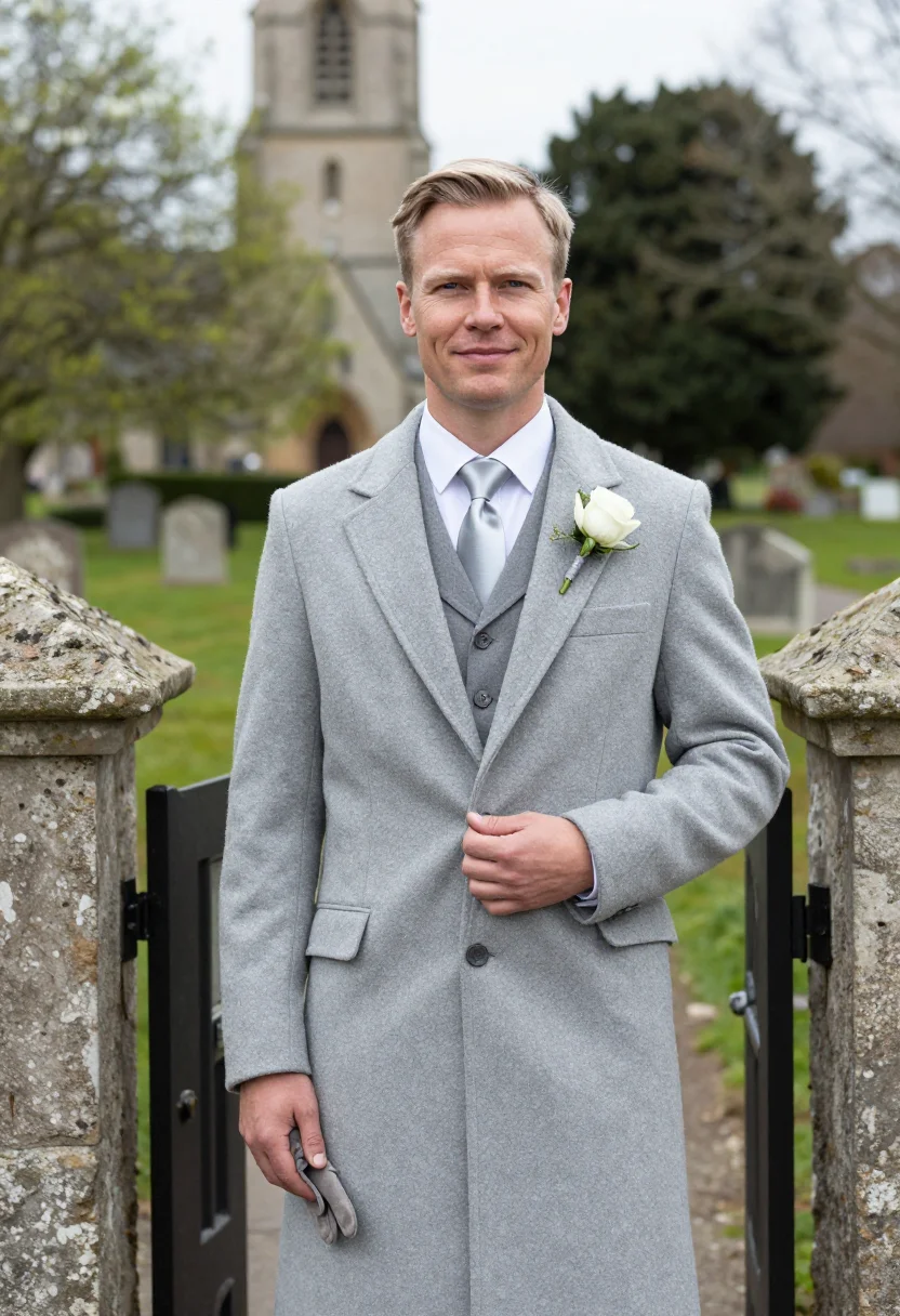 AI best man spring morning suit dove grey sample — portrait of a man, framed half-length from the head to the h