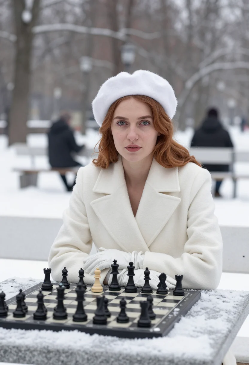 AI beth harmon moscow white sample — portrait of a woman, framed chest-up, the crop at the breast