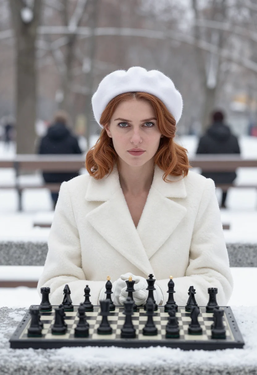 AI beth harmon moscow white sample — portrait of a woman, framed tight, head and shoulders, the b