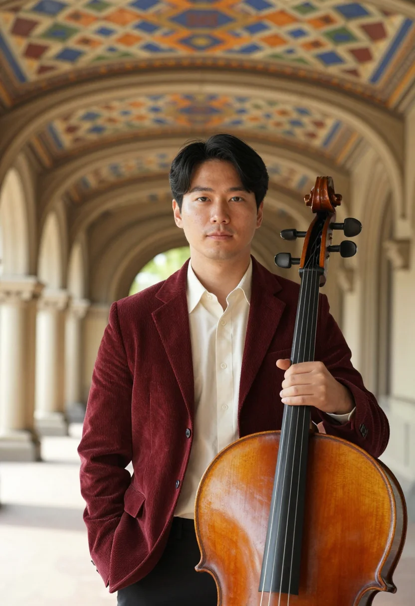 AI bethesda arcade cellist minton sample — portrait of a man, in his thirties, a Korean-American cellis