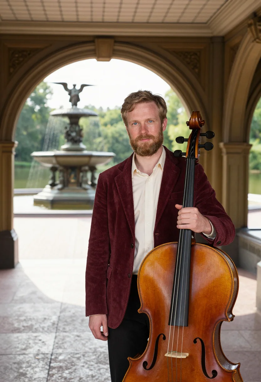 AI bethesda arcade cellist minton sample — portrait of a man, in his late thirties, a cellist with rudd