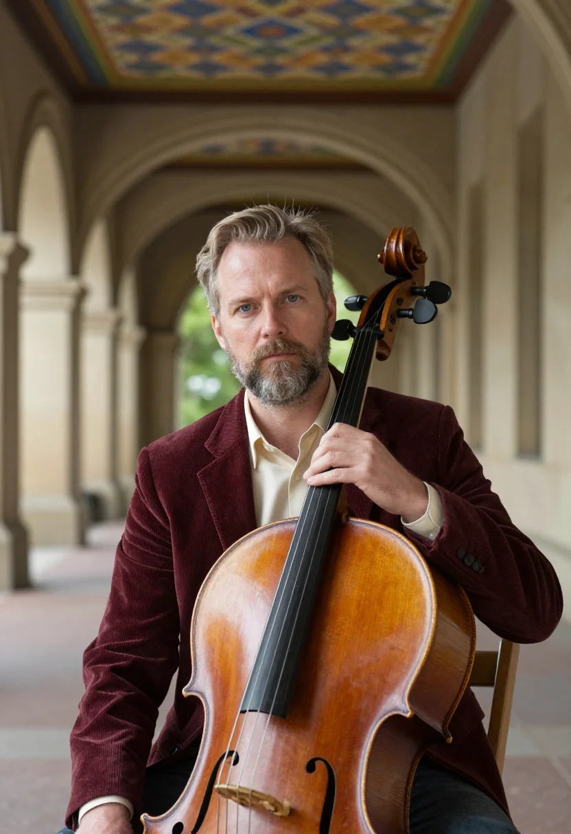 AI bethesda arcade cellist minton sample — portrait of a man, in his forties, a cellist with fair skin,