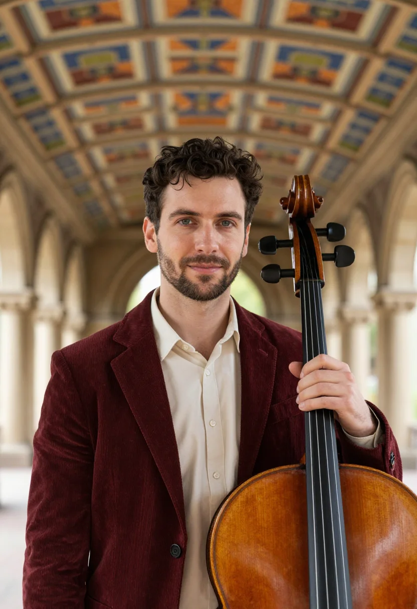 AI bethesda arcade cellist minton sample — portrait of a man, in his early thirties, a cellist with fai