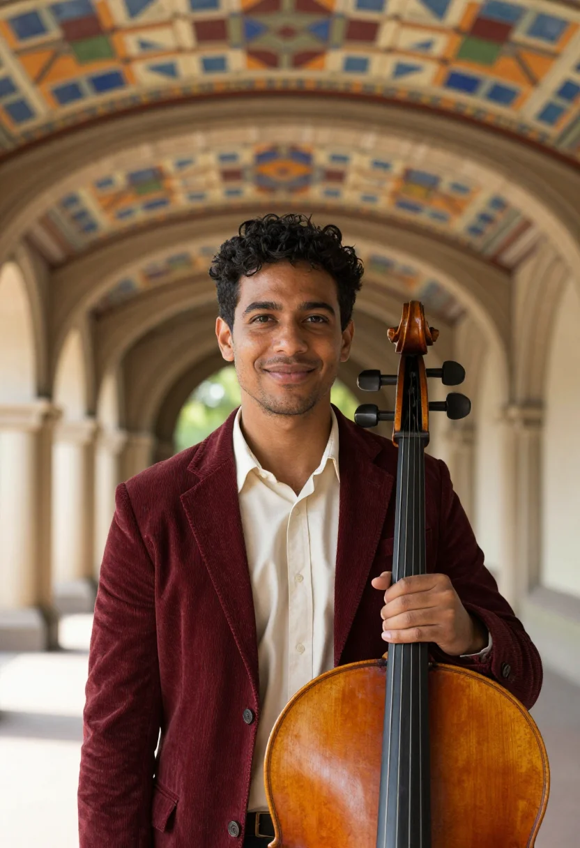 AI bethesda arcade cellist minton sample — portrait of a man, in his late twenties, a cellist with warm