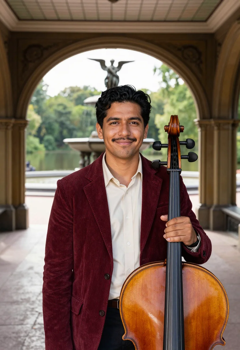 AI bethesda arcade cellist minton sample — portrait of a man, in his early thirties, a Mexican-American