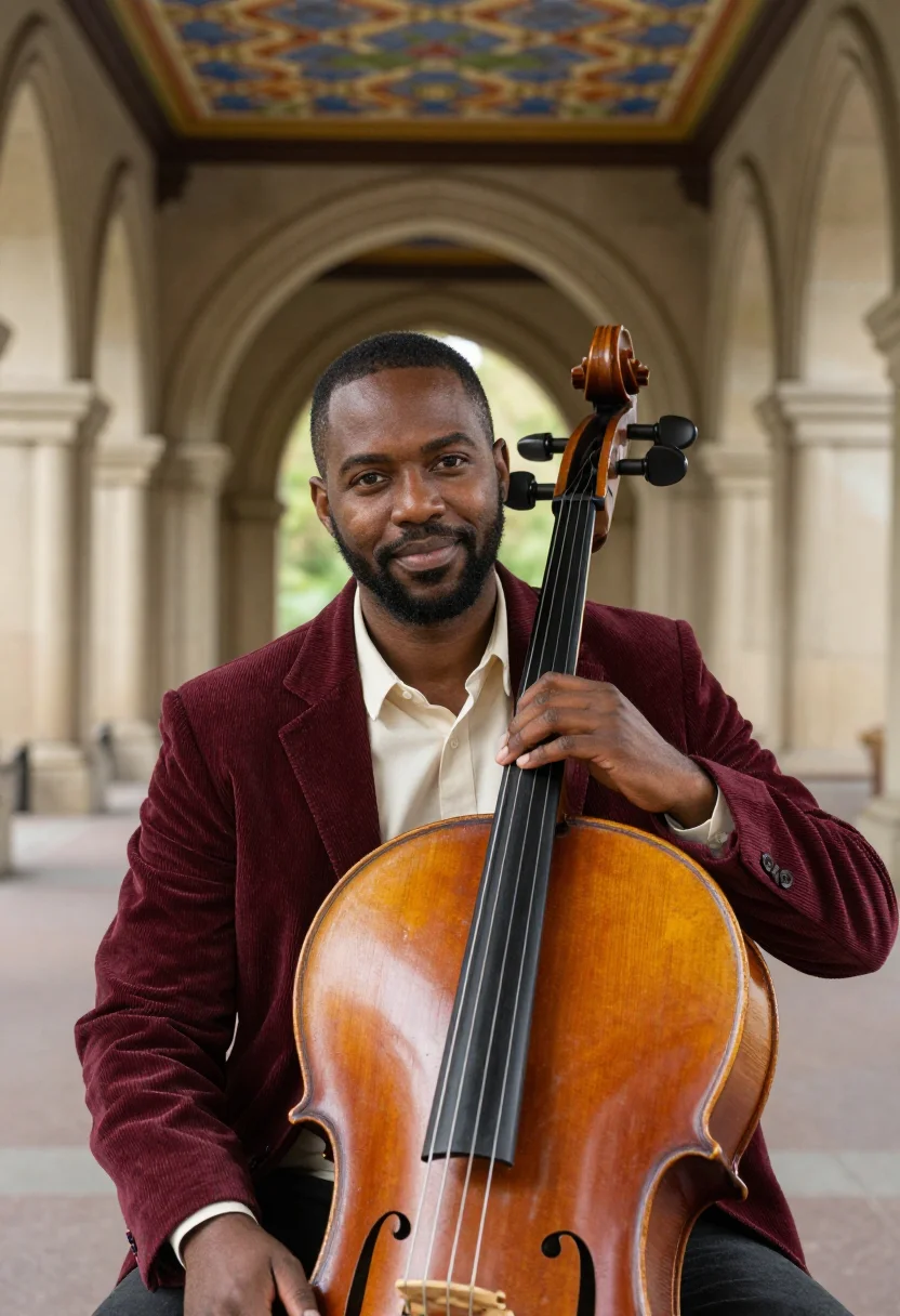 AI bethesda arcade cellist minton sample — portrait of a man, in his thirties, an African-American cell