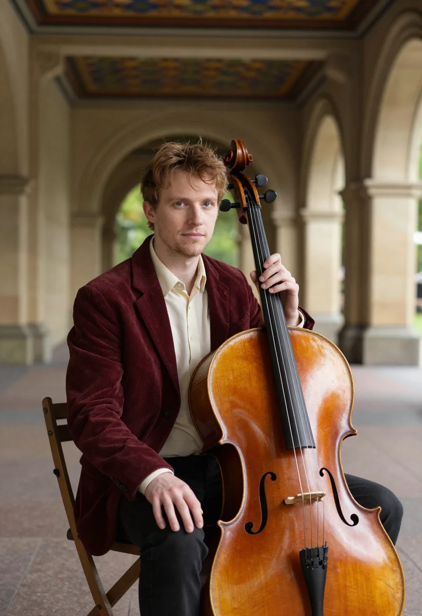 AI bethesda arcade cellist minton sample — portrait of a man, in his mid-twenties, a cellist with pale