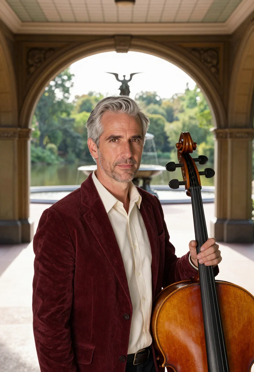 AI bethesda arcade cellist minton sample — portrait of a man, in his fifties, a cellist with fair skin,