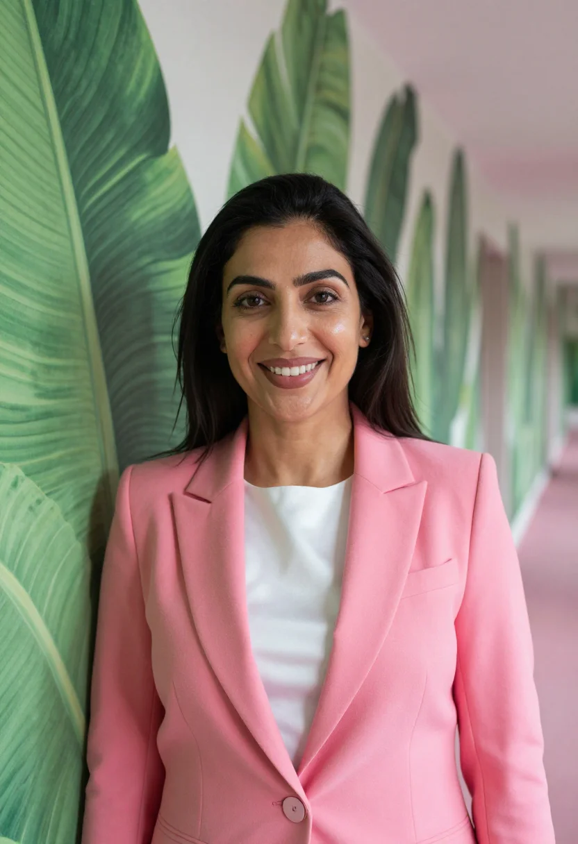 AI beverly hills dentist pink palm sample — portrait of a woman, framed chest-up, cropped at the ribs, t