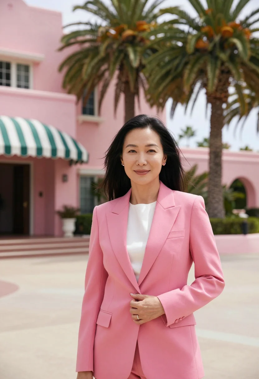 AI beverly hills dentist pink palm sample — portrait of a woman, framed half-length from the head to the