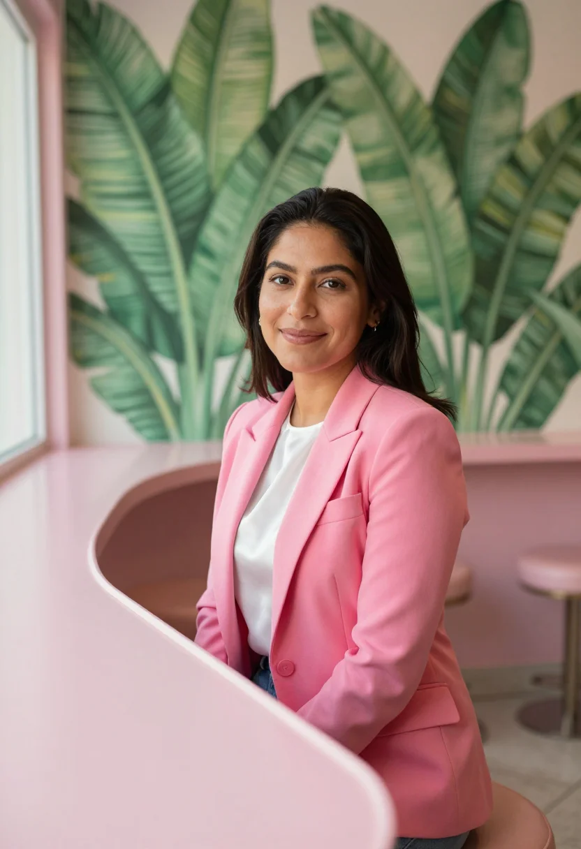 AI beverly hills dentist pink palm sample — portrait of a woman, framed tight, head and shoulders, the b