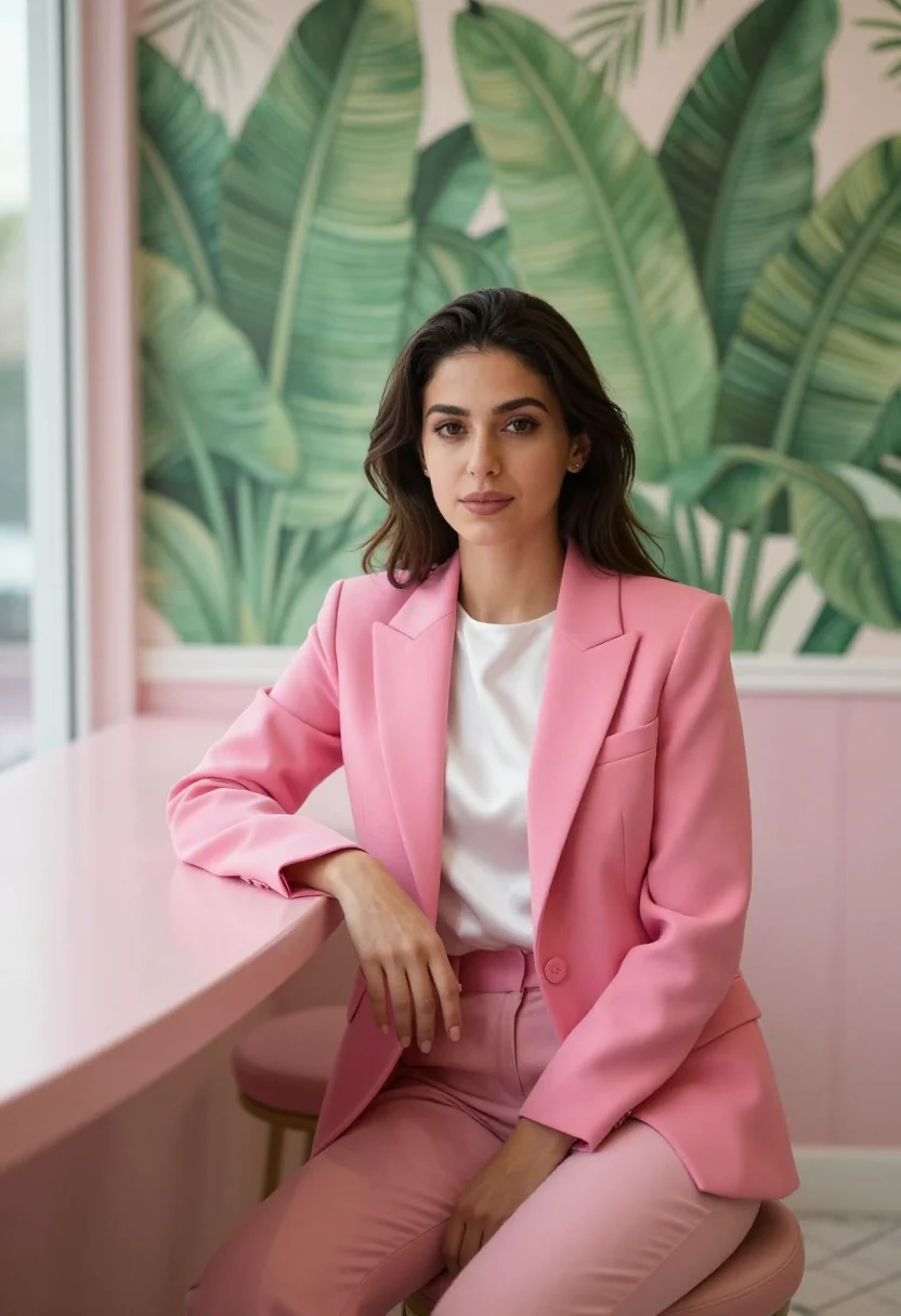 AI beverly hills dentist pink palm sample — portrait of a woman, framed half-length from the head to the