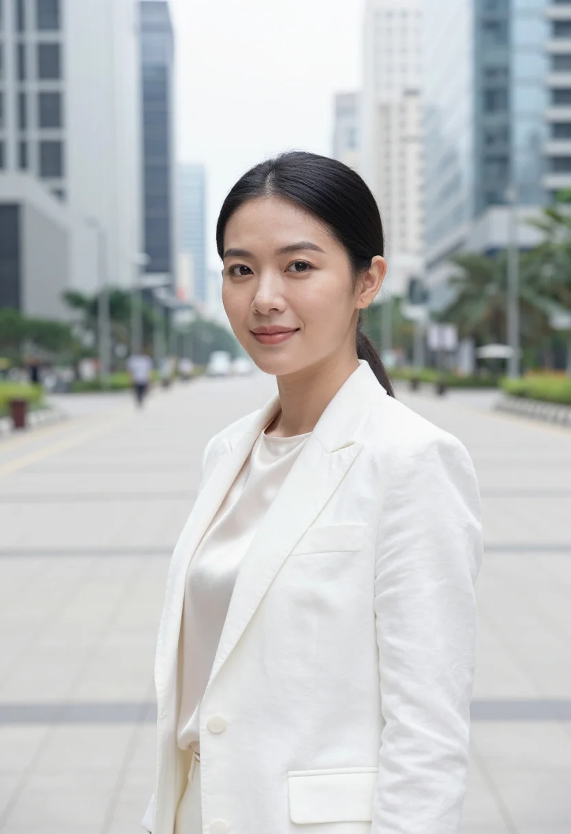AI bgc tech executive glass white sample — portrait of a woman, a technology executive in her mid-thirt
