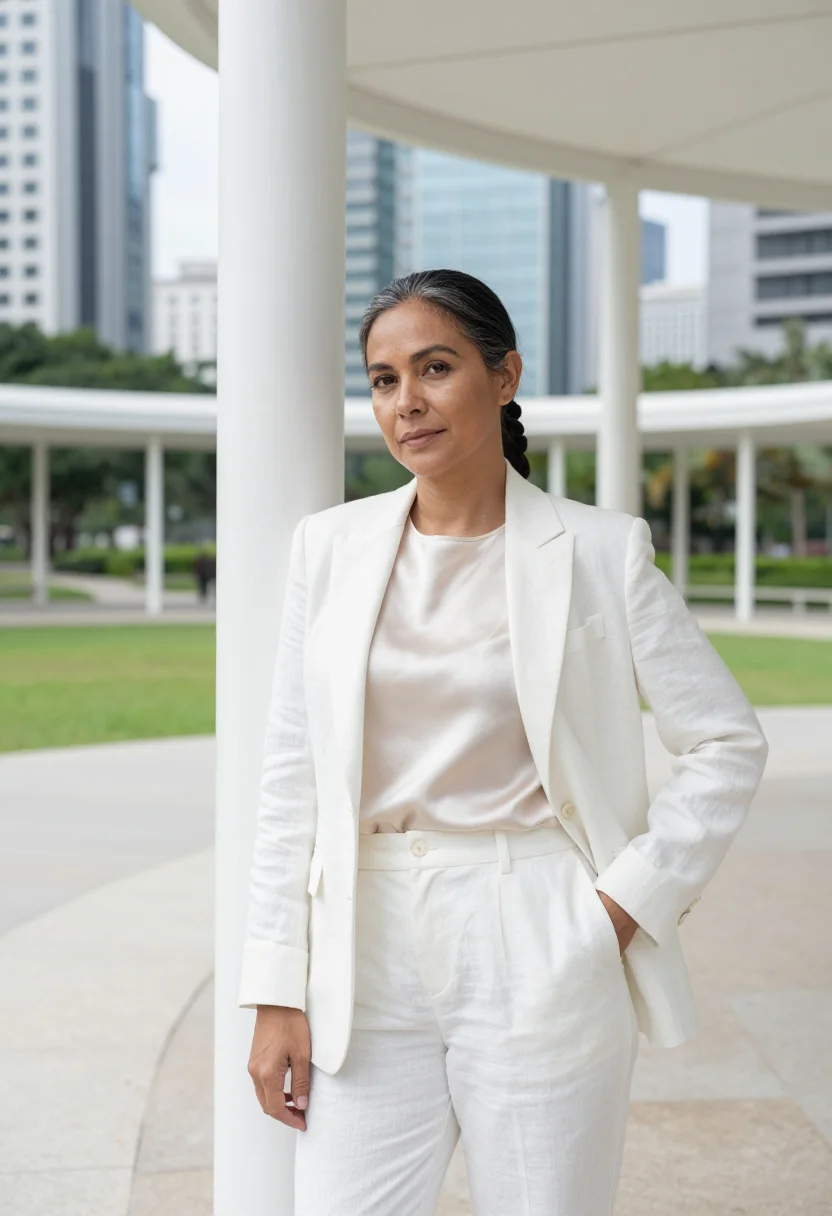 AI bgc tech executive glass white sample — portrait of a woman, a technology executive in her early fif