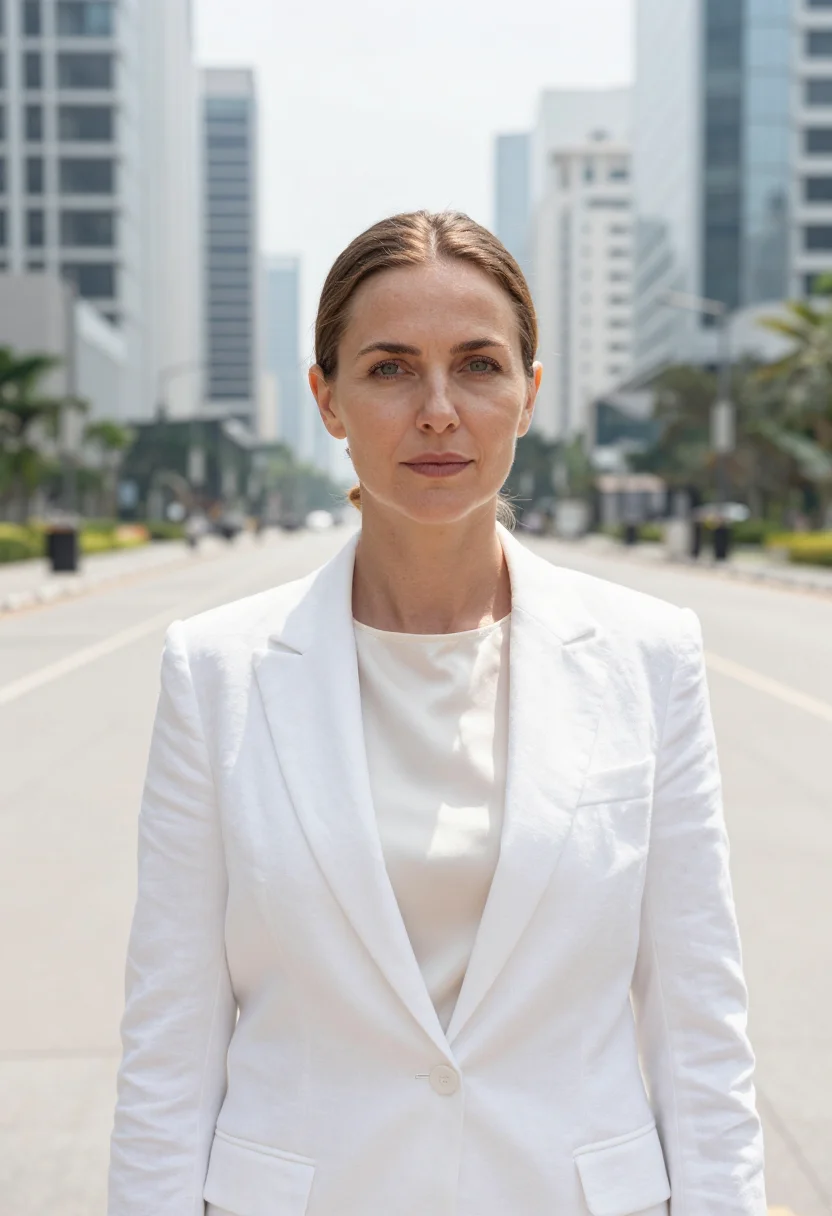 AI bgc tech executive glass white sample — portrait of a woman, a technology executive in her late fort