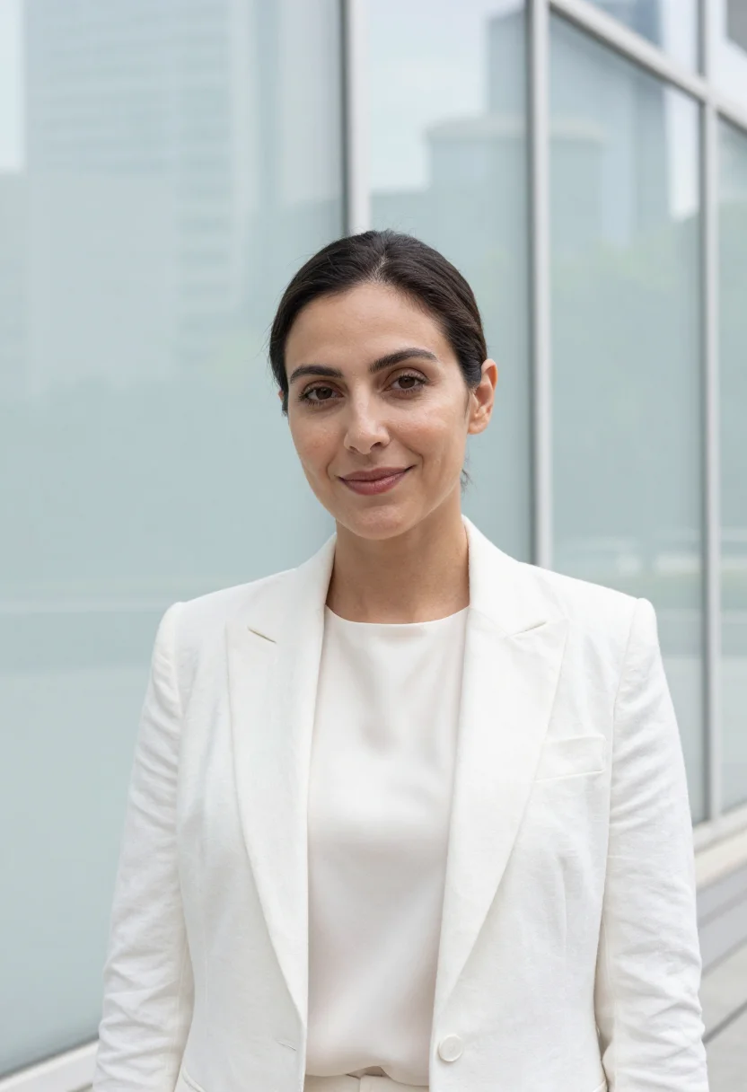 AI bgc tech executive glass white sample — portrait of a woman, a technology executive in her late thir