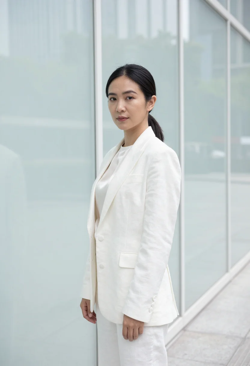 AI bgc tech executive glass white sample — portrait of a woman, a technology executive in her mid-forti