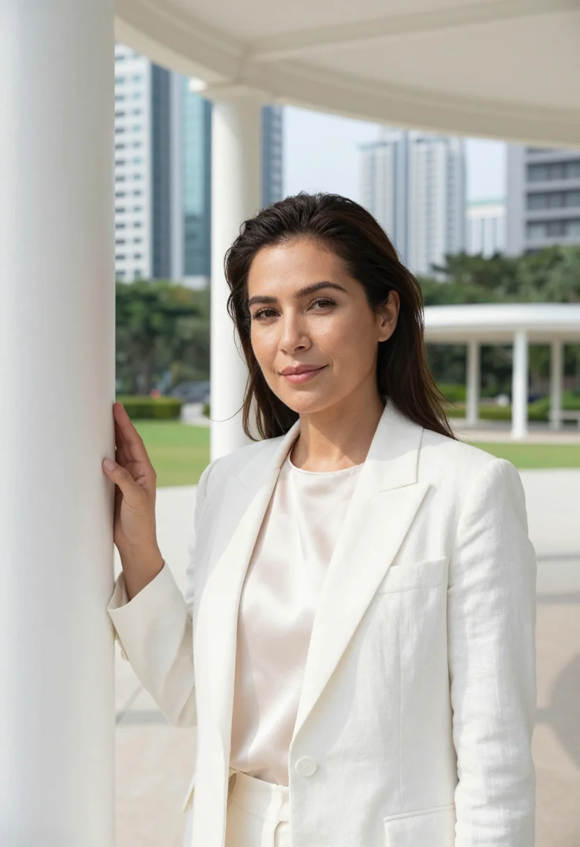 AI bgc tech executive glass white sample — portrait of a woman, a technology executive in her late thir
