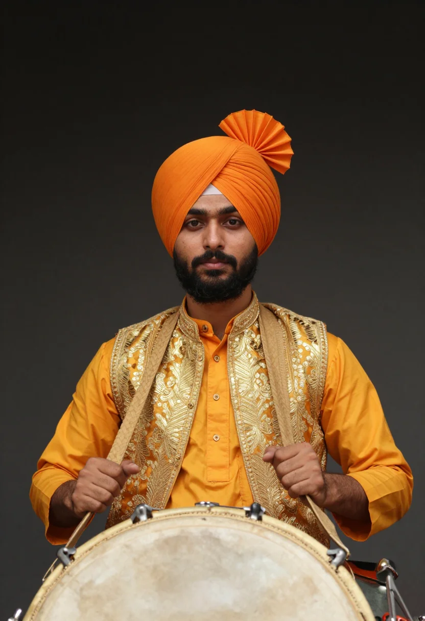 AI bhangra dhol sample — portrait of a man, chest-up portrait of a Punjabi man in his