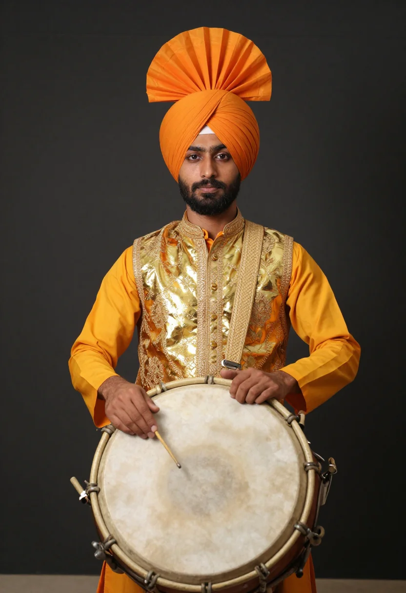 AI bhangra dhol sample — portrait of a man, three-quarter-length portrait of a Punjab
