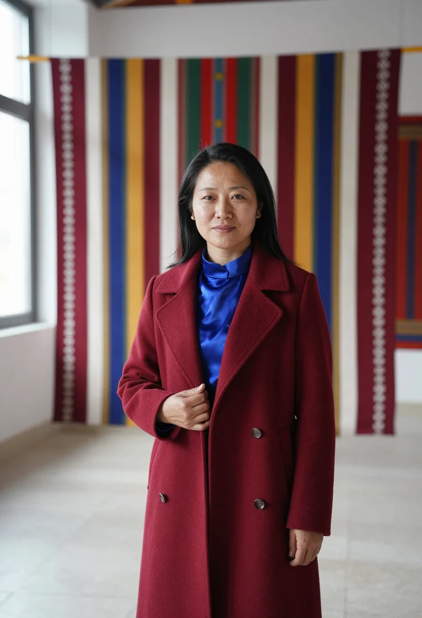 AI bhutan textile director woven palette sample — portrait of a woman, a Bhutanese museum director in her late