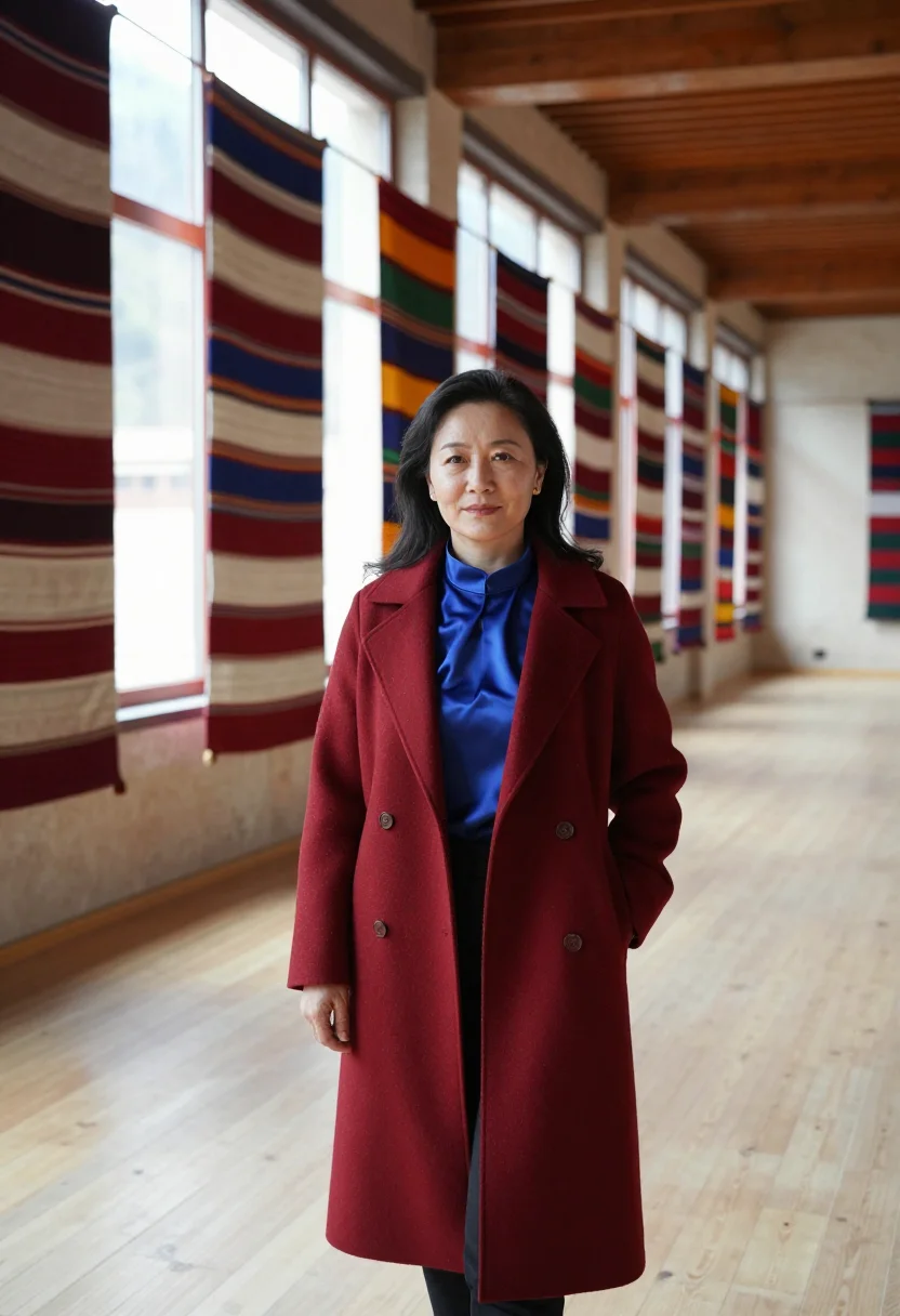 AI bhutan textile director woven palette sample — portrait of a woman, a Tibetan museum director in her late f