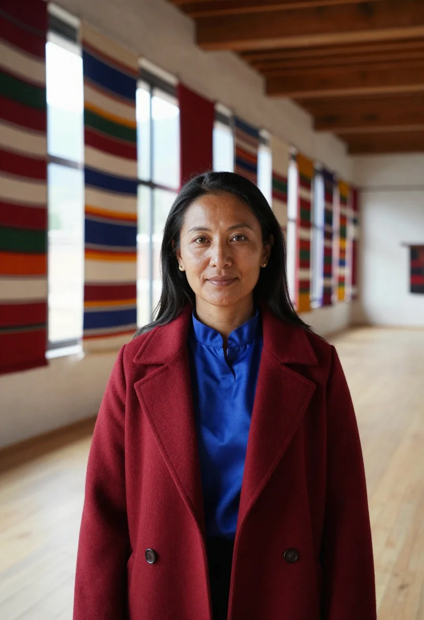 AI bhutan textile director woven palette sample — portrait of a woman, a Bhutanese museum director in her earl