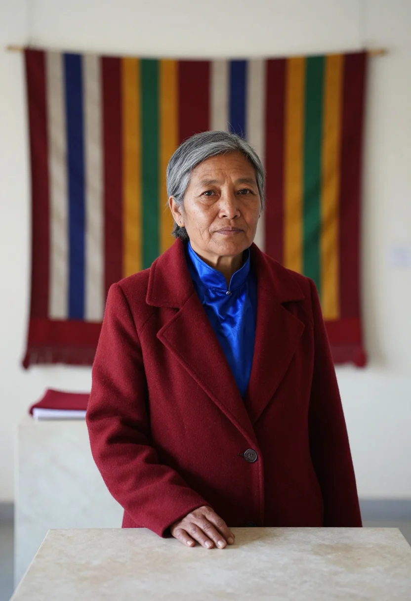 AI bhutan textile director woven palette sample — portrait of a woman, a Bhutanese museum director in her earl