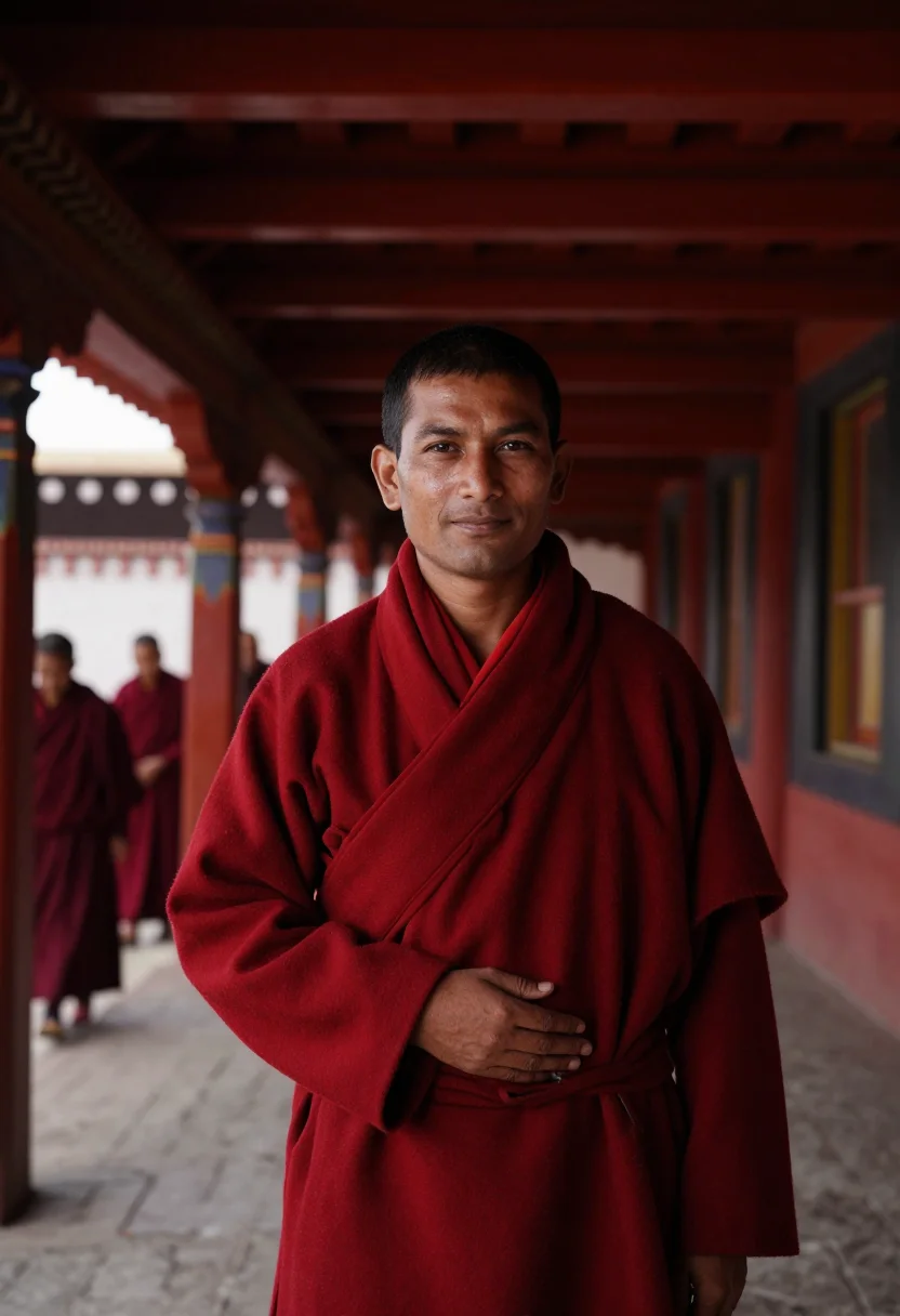 AI bhutan tshechu november red sample — portrait of a man, framed half-length from the waist up, the