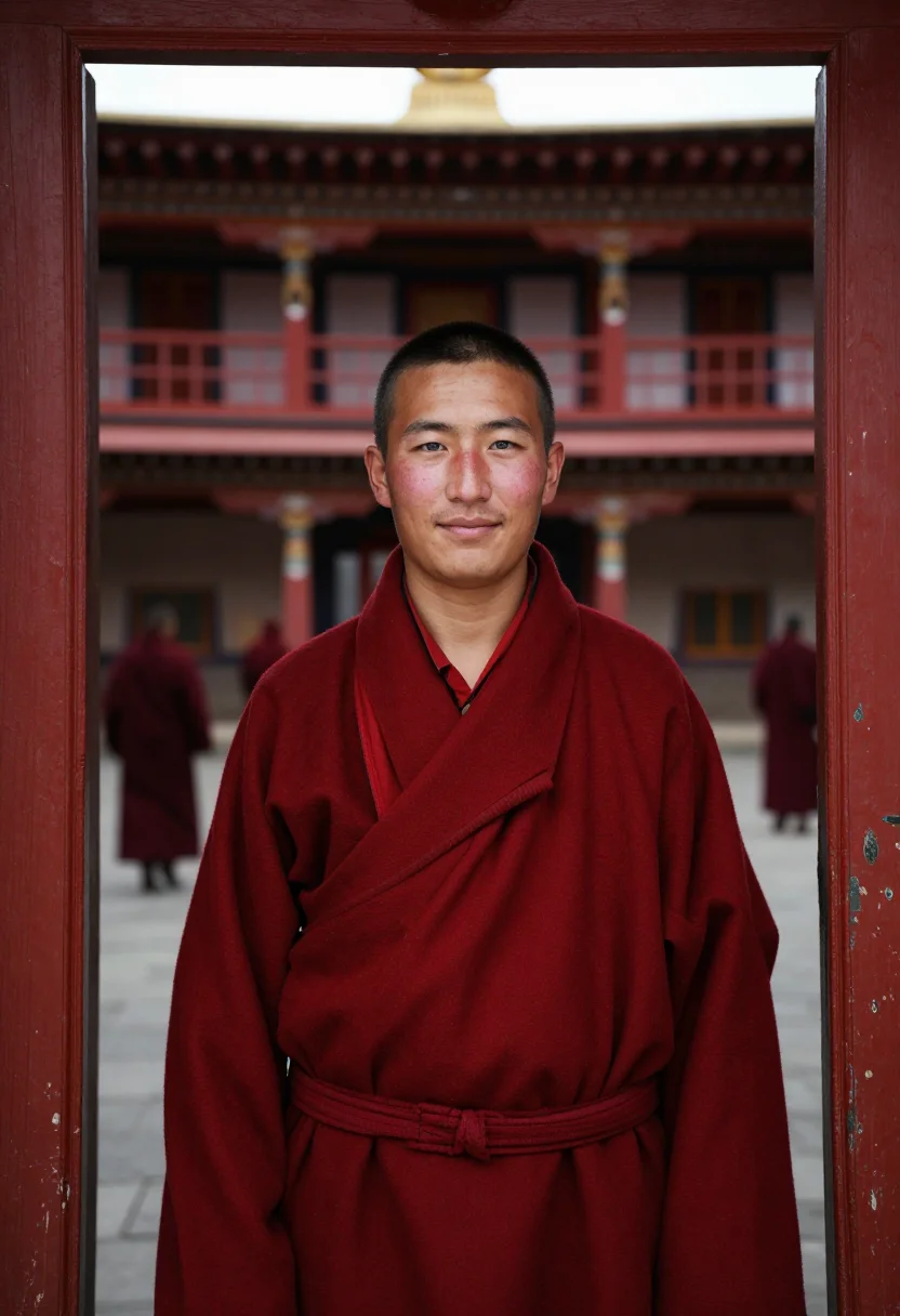 AI bhutan tshechu november red sample — portrait of a man, framed tight, head and shoulders, the bod
