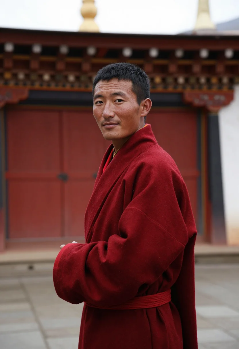 AI bhutan tshechu november red sample — portrait of a man, framed chest-up, the crop falling at mid-
