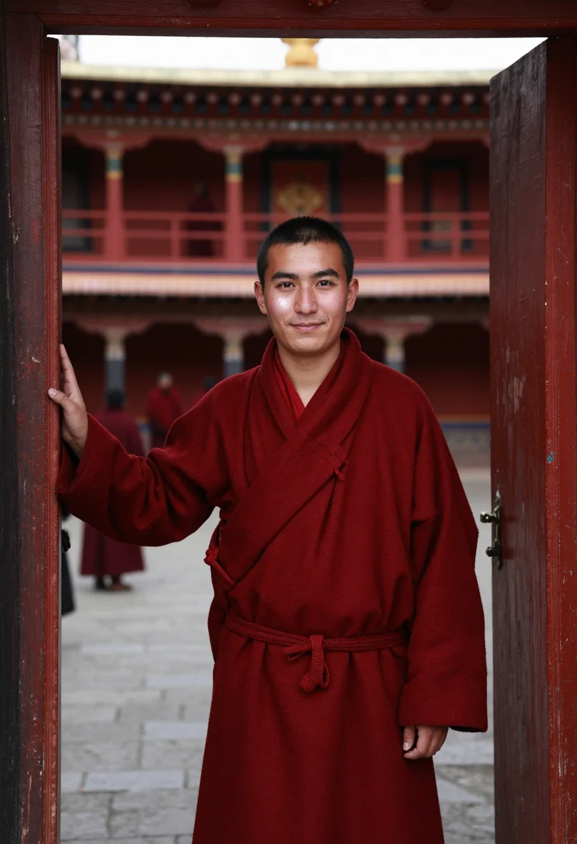 AI bhutan tshechu november red sample — portrait of a man, framed chest-up, the crop falling at mid-