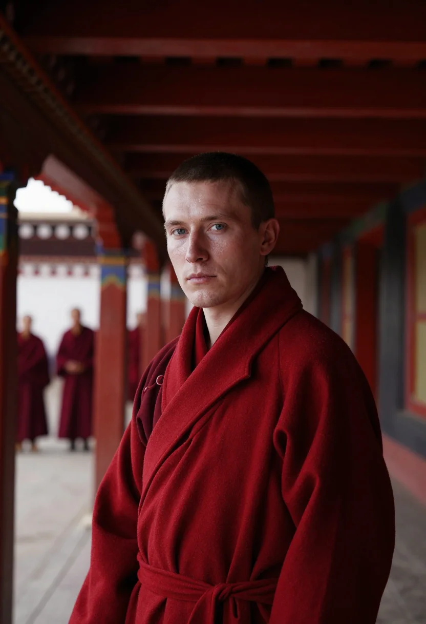 AI bhutan tshechu november red sample — portrait of a man, framed tight, head and shoulders, the bod