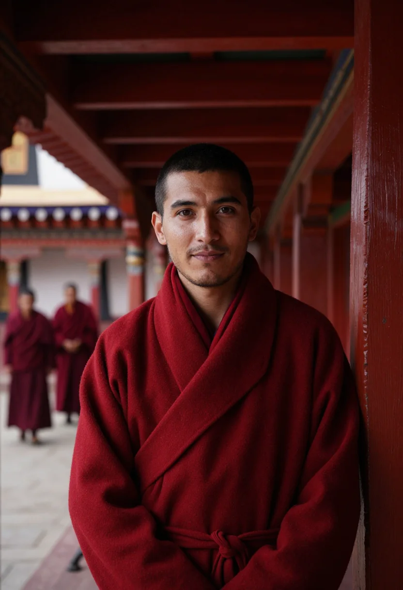 AI bhutan tshechu november red sample — portrait of a man, framed chest-up, the crop falling at mid-