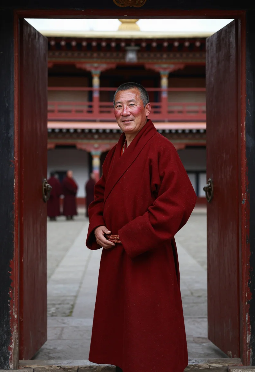 AI bhutan tshechu november red sample — portrait of a man, framed half-length from the waist up, the