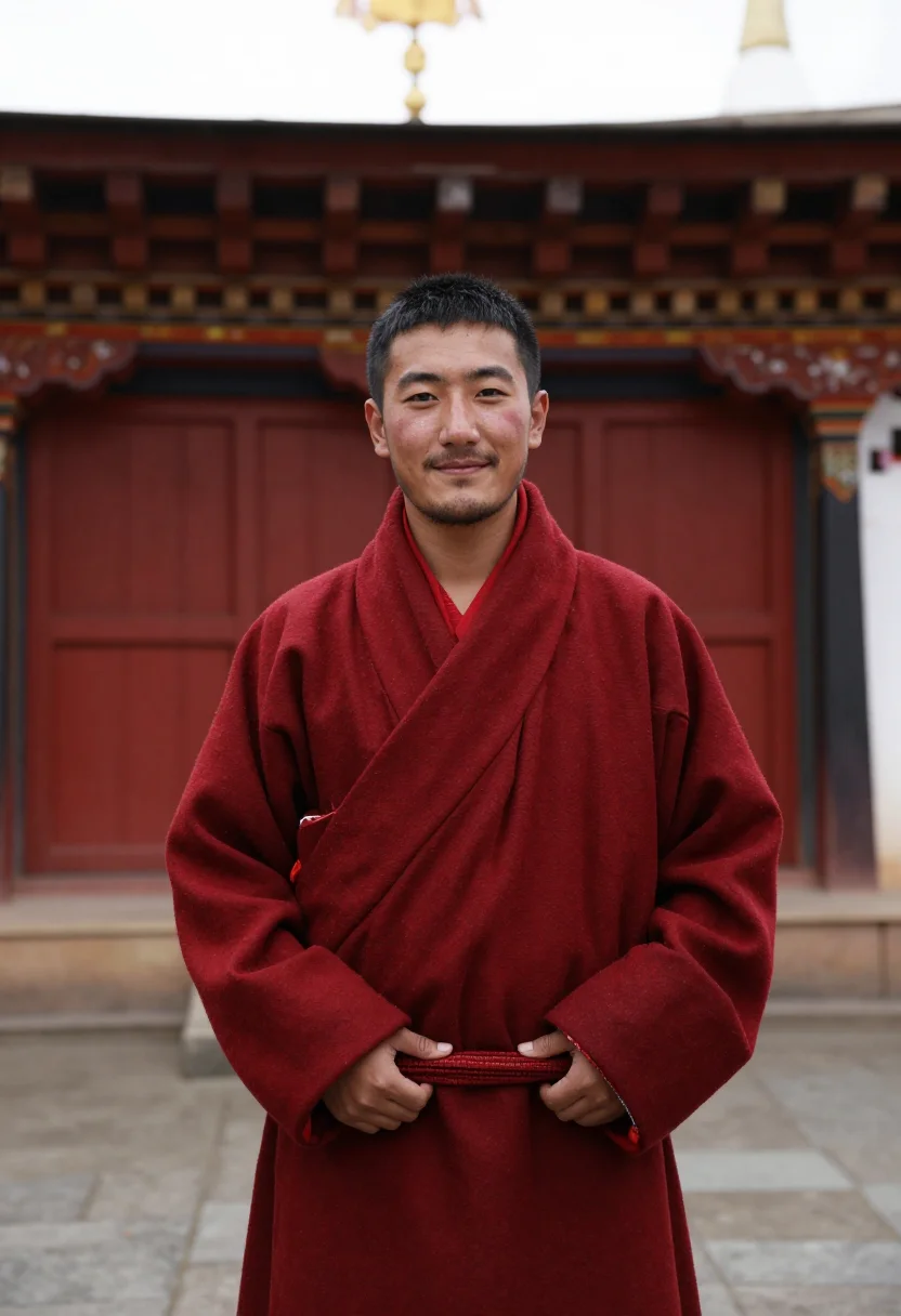 AI bhutan tshechu november red sample — portrait of a man, framed half-length from the waist up, the