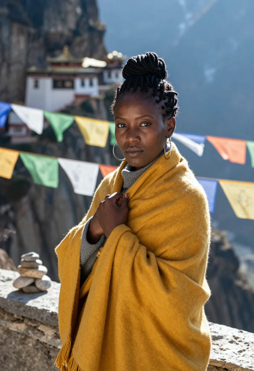 AI bhutan sample — portrait of a woman, chest-up close portrait of a Black woma