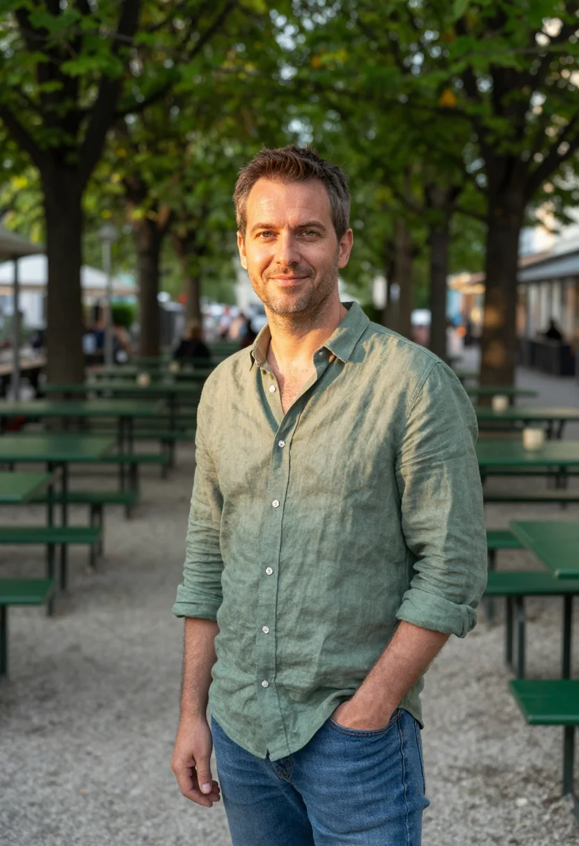 AI biergarten may green date sample — portrait of a man, framed tight, head and shoulders, the bod