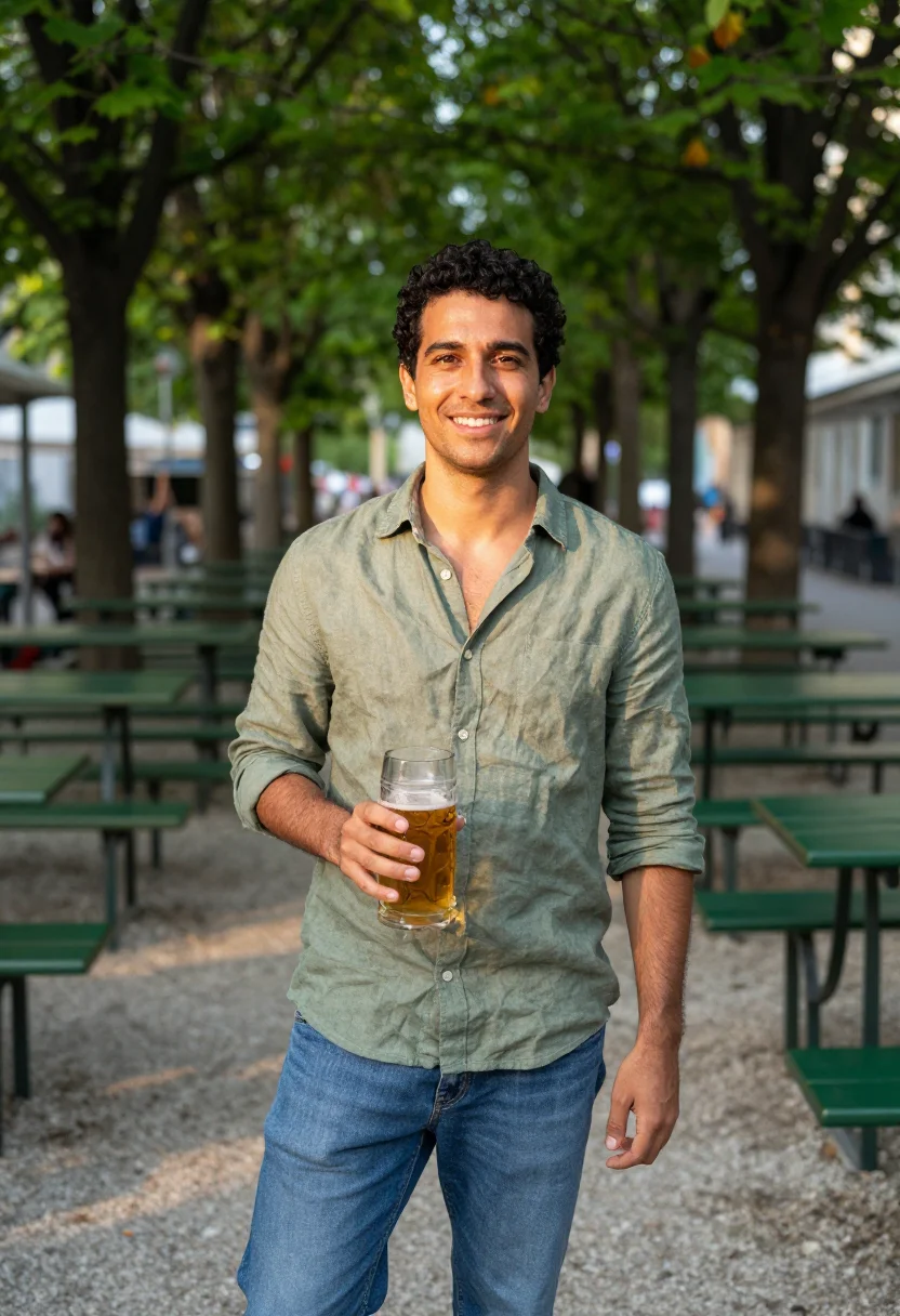 AI biergarten may green date sample — portrait of a man, framed chest-up, cropped at the ribs, the